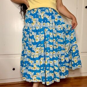 Vintage 90s Blue Daisy Cotton Tiered Midi Skirt